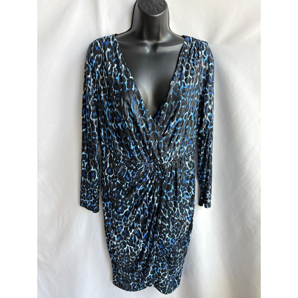 Thalia Sodi Faux Wrap Sheath Blue Dress Animal Print Size M Long Sleeve Classy